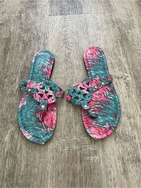 Pierre Dumas Pink & Teal Patterned Slide Sandals
